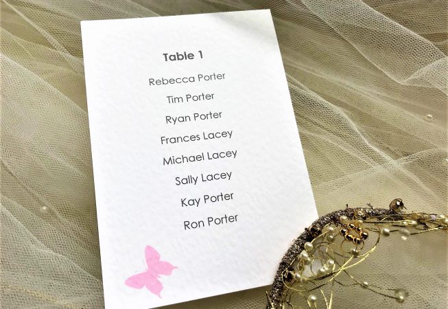 Pink Butterfly A6 Rectangular Table Plan Cards
