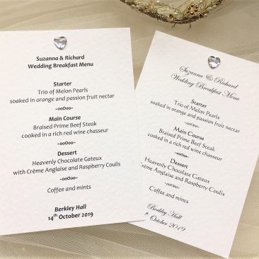 Diamante Heart Personalised Menu Cards