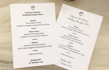 Diamante Heart Personalised Menu Cards