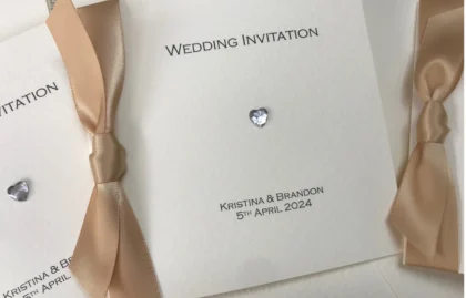 Diamante Heart Square Centre Fold Wedding Invitations