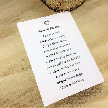 Diamante Heart Wedding Order of Day Cards
