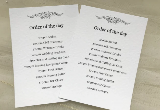 Motif Wedding Order of Day Cards
