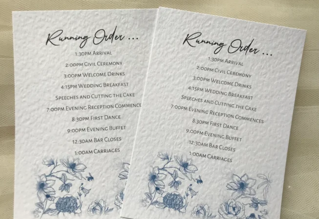 Blue Botanical Wedding Order of Day Cards