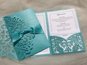 Aqua Green Laser Cut Pocketfold Wedding Invitations