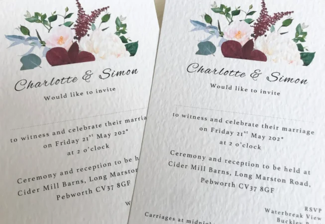 Burgundy Floral Postcard Wedding Invites
