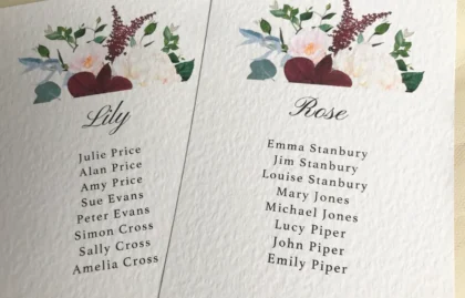Burgundy Floral Table Plan Cards