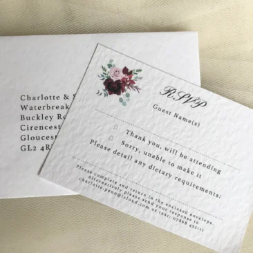 Burgundy Floral RSVP card and envelope