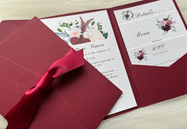 Burgundy Pocketfold Invites - Floral