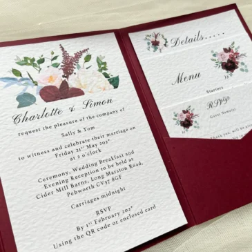 Burgundy Pocketfold Floral Wedding Invitations